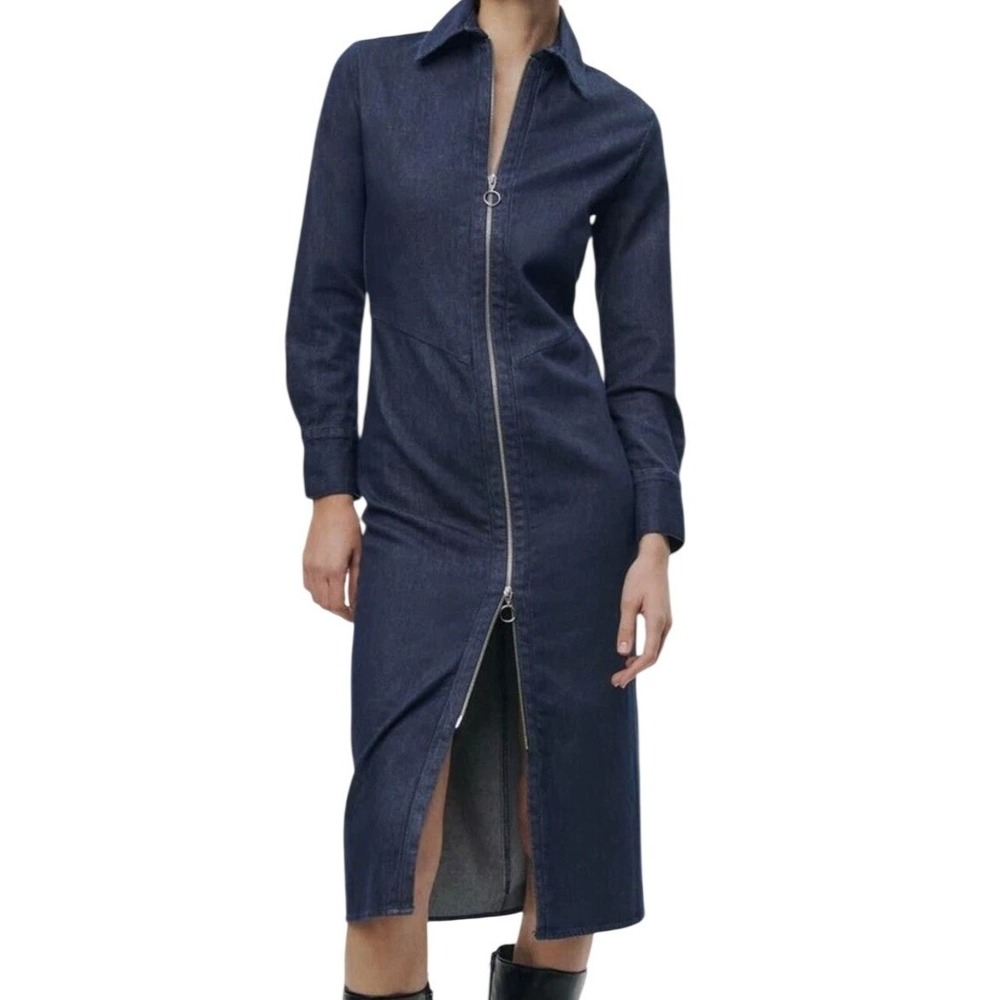 Zara Woman The Minimal Denim Dress Dark Wash Blue Zipper Front Midi Sz Small NWT